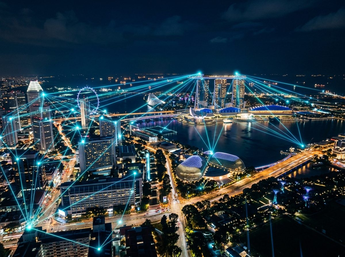 5G connectivity across Singapore skyline at night